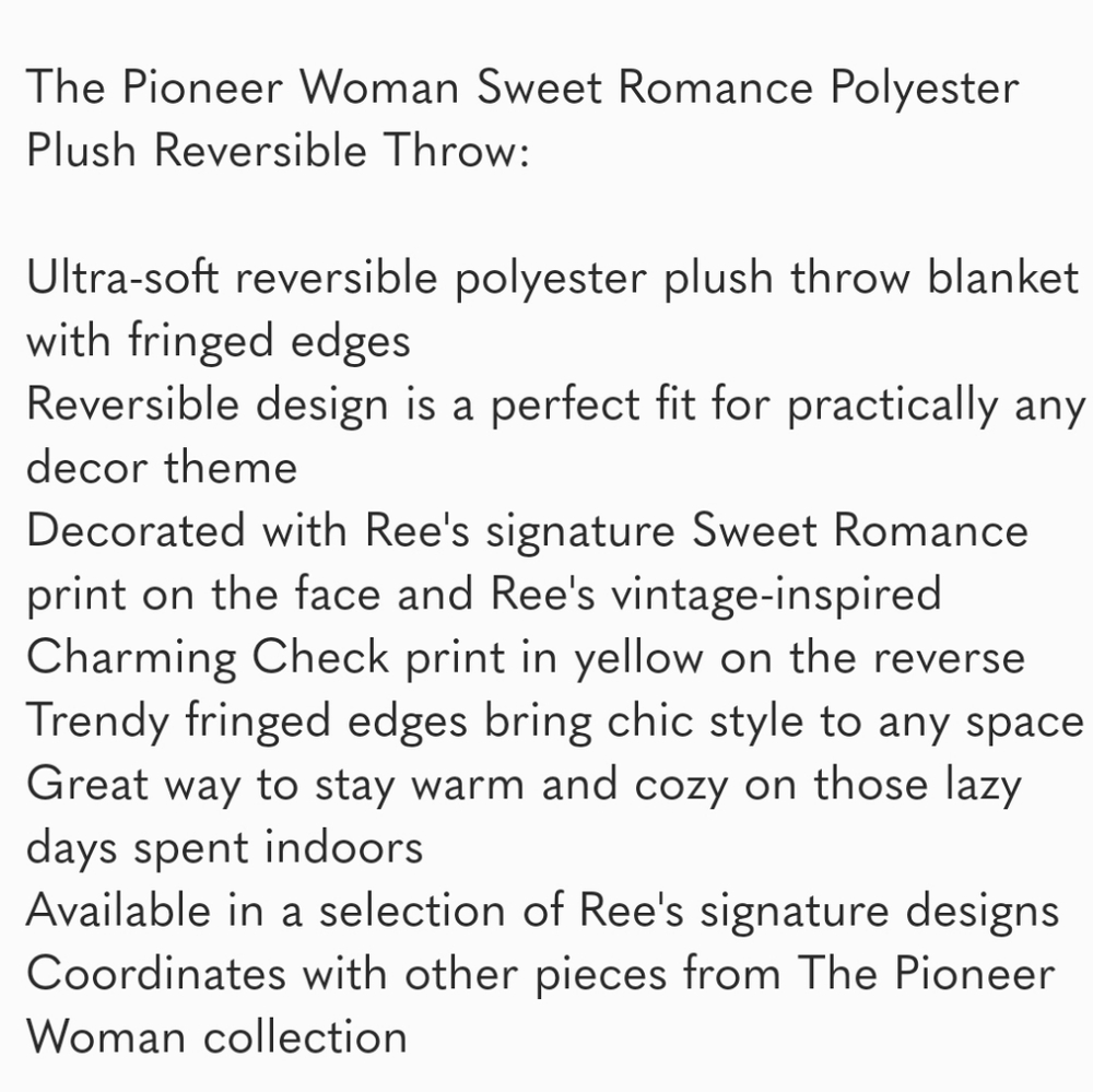 Pioneer Woman Sweet Romance Plush Reversible Throw 50 x 72 inch NWT - Picture 7 of 8